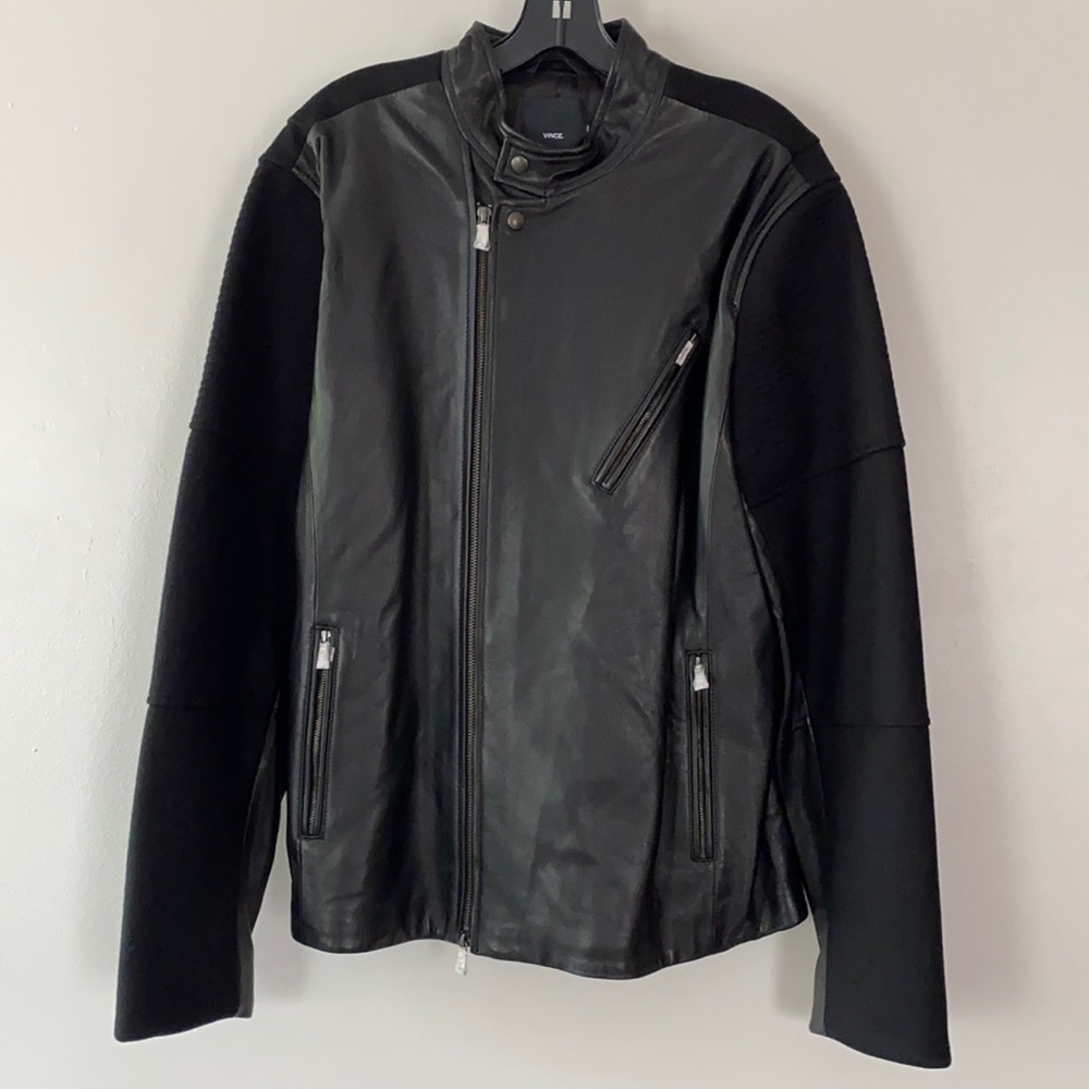 VINCE. Leather and Wool Motto Jacket